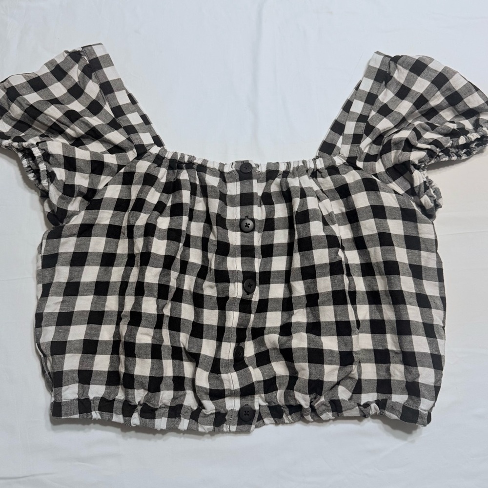 Madewell Gingham Linen-Blend Button-Front Crop Top - Size M